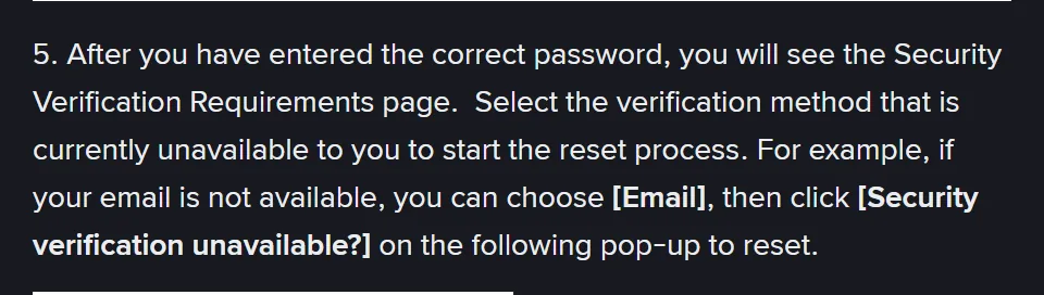 Step 5 of Binance's 2FA reset help page: on the Security Verification Requirements page, select the method you can no longer use, then click Security verification unavailable? on the pop-up