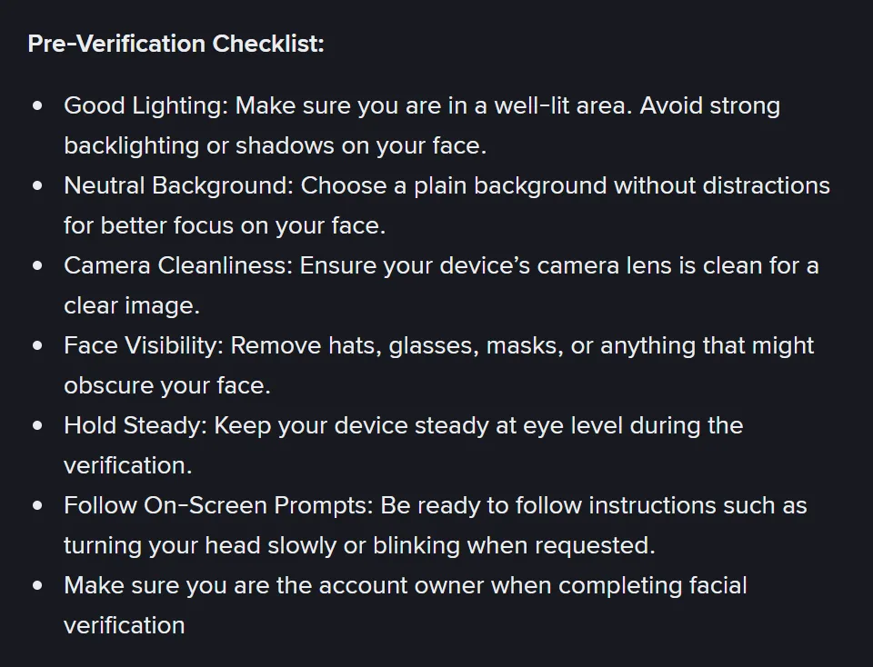The Pre-Verification Checklist on Binance's face verification page: good lighting, neutral background, camera cleanliness, face visibility, hold steady, follow on-screen prompts