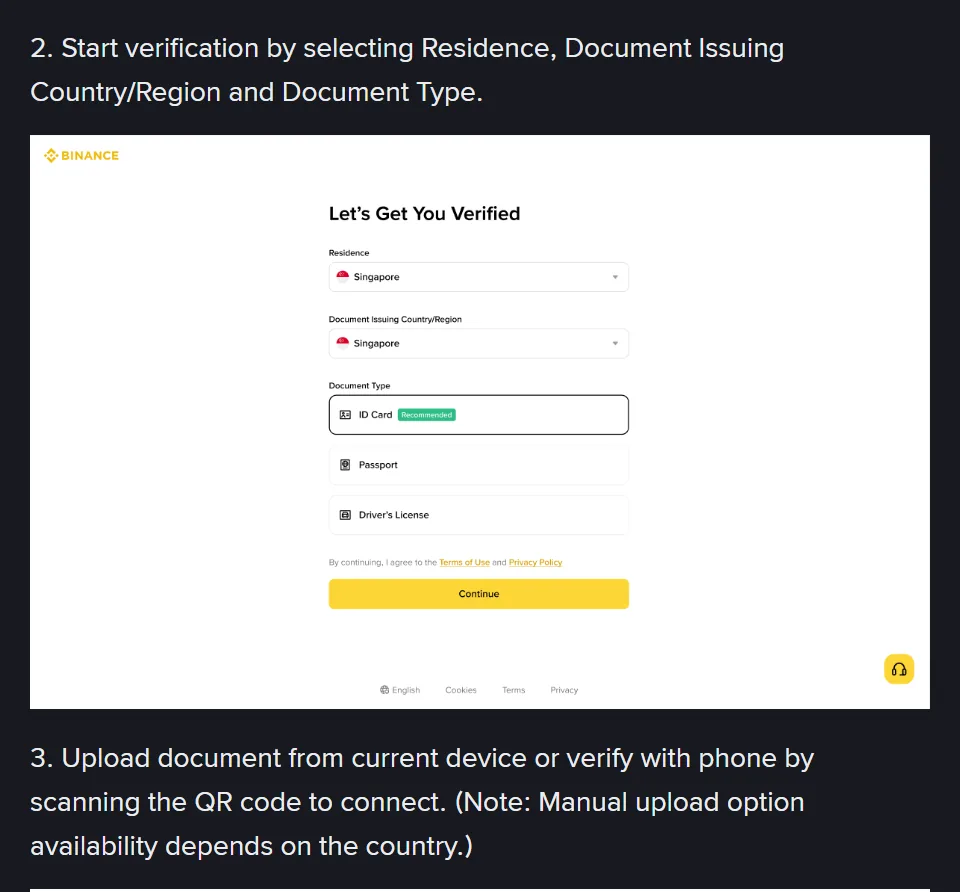 Step 2 of Binance's personal verification page with its picture of the Let's Get You Verified screen: Residence, Document Issuing Country/Region and Document Type