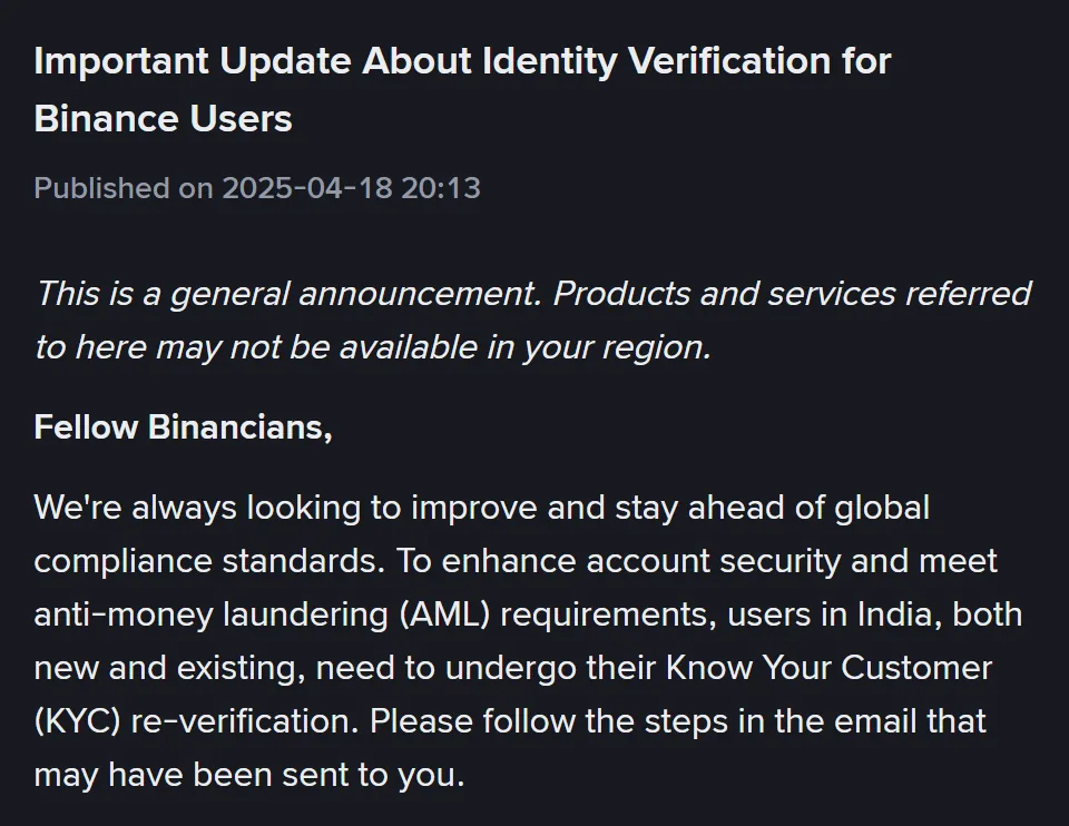 Opening of Binance's announcement Important Update About Identity Verification for Binance Users, published 18 April 2025, asking users in India, new and existing, to complete KYC re-verification using the steps in an email