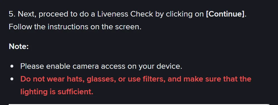 Step 5 of Binance's personal verification page: proceed to the Liveness Check, with a note to enable camera access and not to wear hats, glasses or filters