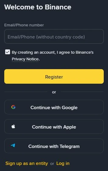 Binance sign-up page on a phone: Welcome to Binance, an Email/Phone number field with the hint Email/Phone (without country code), a Privacy Notice line, a yellow Register button and Continue with Google, Apple or Telegram