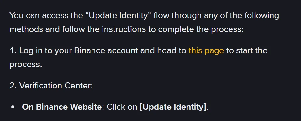 Binance's page How to Update My Verified Identity Information?: open Update Identity from a link after logging in, or from the Verification Center by clicking Update Identity