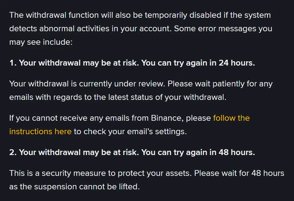 Binance help page listing the messages Your withdrawal may be at risk. You can try again in 24 hours, and the same message with 48 hours, each with Binance's explanation underneath