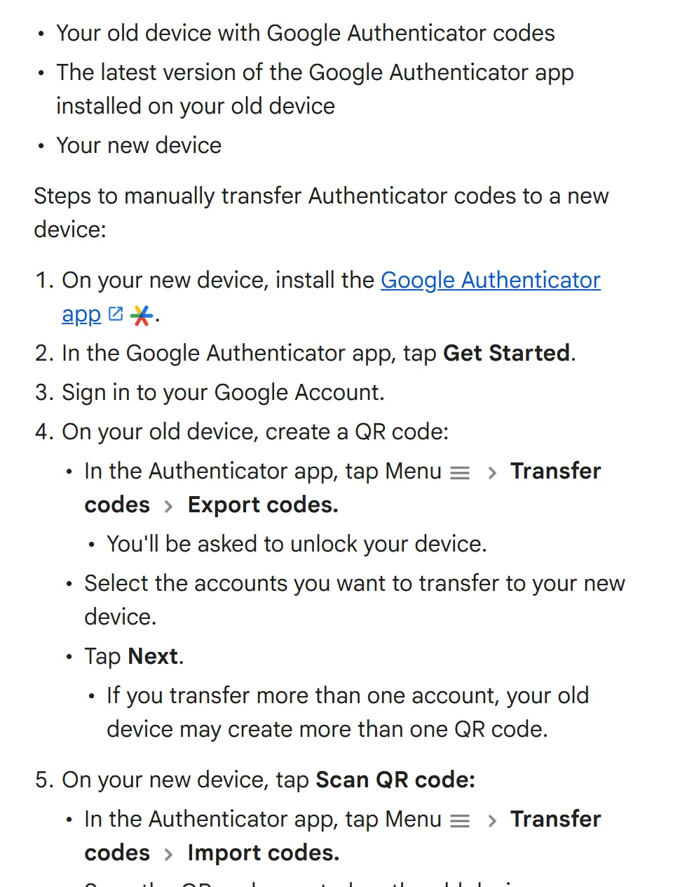 Google Account Help steps for moving Google Authenticator codes to a new phone: Export codes on the old device, then Scan QR code and Import codes on the new one