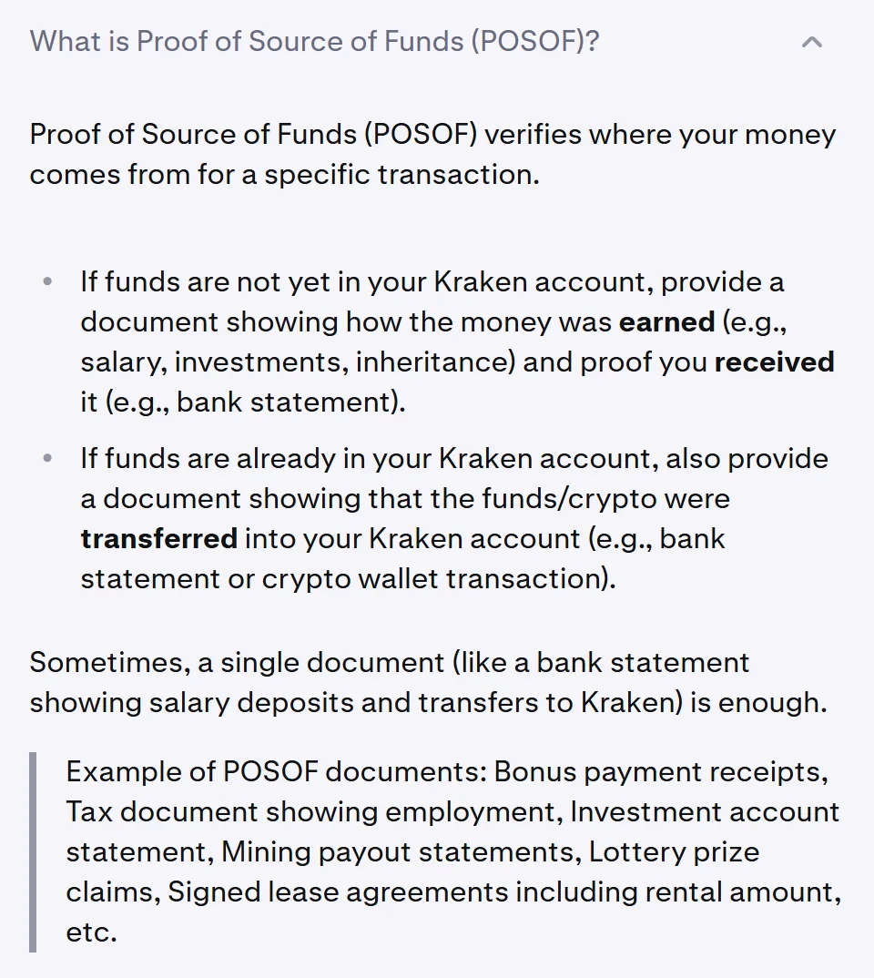 Kraken support page section explaining proof of source of funds: a document showing how the money was earned, and proof you received it or transferred it to the exchange