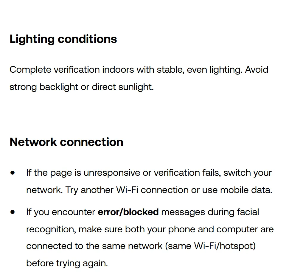 OKX help page on failed facial recognition: complete verification indoors with stable, even lighting, and keep the phone and computer on the same network