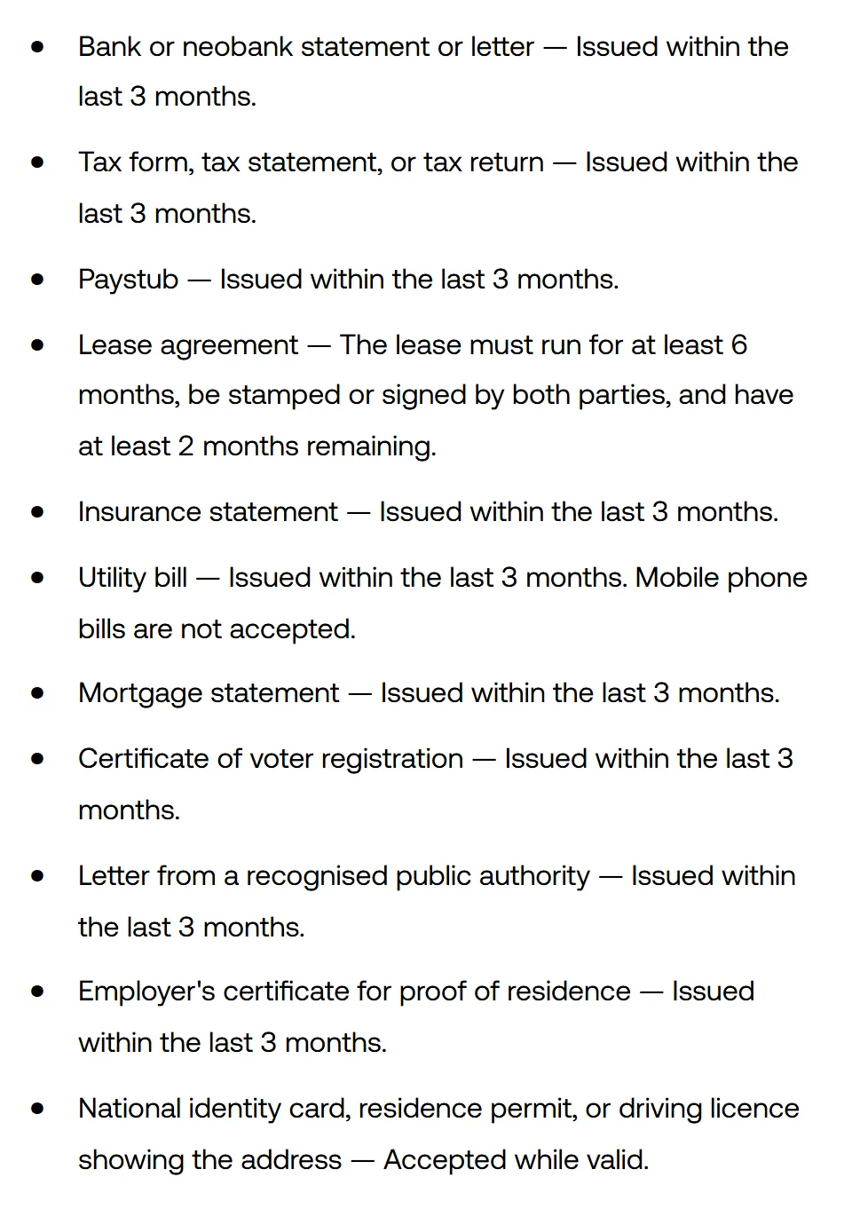 OKX help page list of accepted proof of address documents, most issued within the last 3 months, with mobile phone bills not accepted